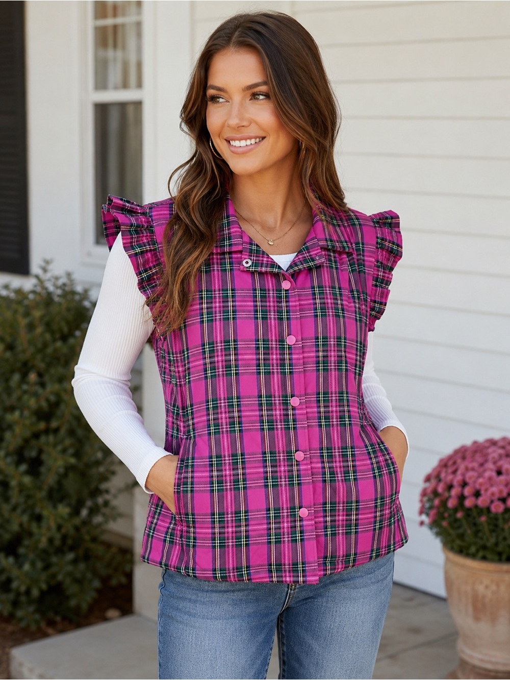 Top It Off Plaid Quilted Vest Women Medium Pink Ruffle Sleeves Puffer